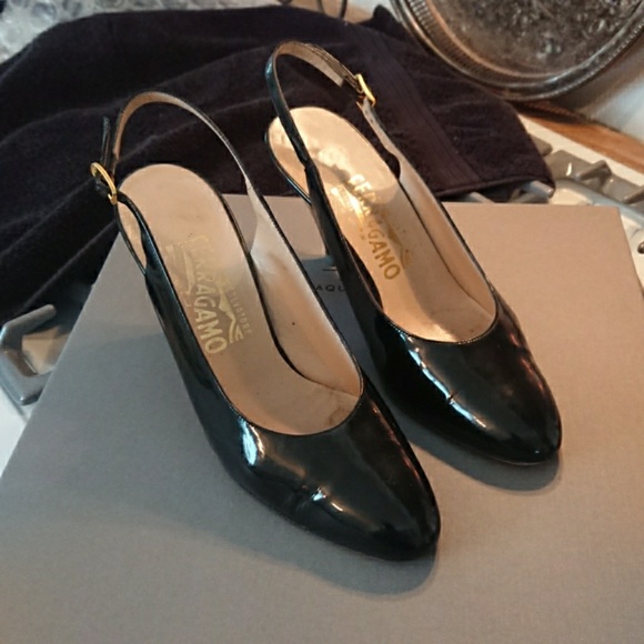 Ferragamo Black Patent Leather Sling Backs. 7 1/2 - Picture 1 of 7